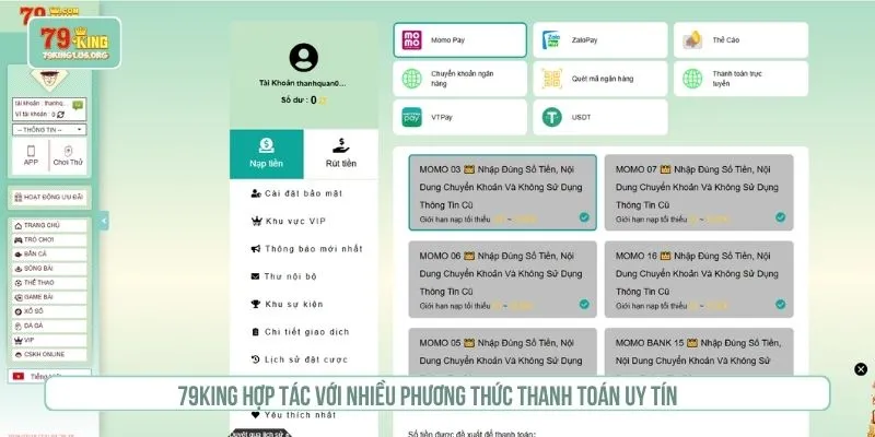 79KING hợp tác với nhiều phương thức thanh toán uy tín 
