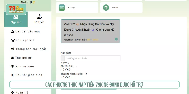 Các phương thức nạp tiền 79KING đang được hỗ trợ